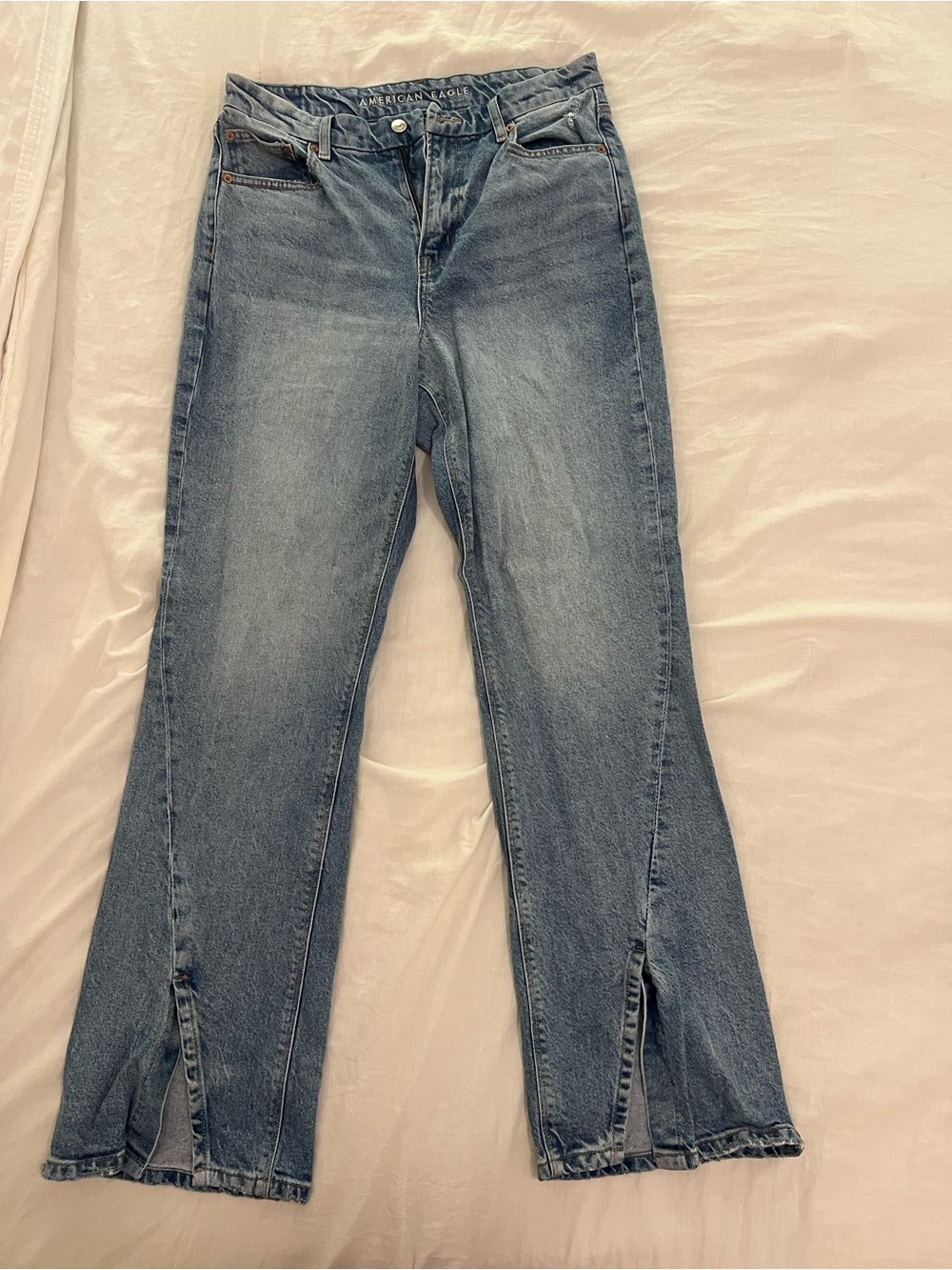 American Eagle Outfitters Women's Light Blue Flare Jeans with Front Slits